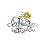 SLIACETE Elefant Ring Sterling Silber Mutter und Kind Tier Elefant mit Sonnenblume Stapelring Geschenk für Frauen Mädchen 52