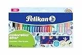 Pelikan Colorella Star Fasermaler, 24 Farben (18 kräftige + 6 Pastellfarben), feine Spitze 0,6 mm, auswaschbare Filzstifte auf Wasserbasis, inkl. Ausmalschablone