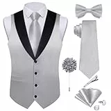DiBanGu Glänzendes Satin-Westen-Set für Herren, 8-teilig, solide Weste und vorgebundene Fliege, Schalkragen, Kleid, Weste für Hochzeit, formelle Anlässe, silber, Small