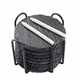 WLWNWFT Schiefer Untersetzer für Gläser 8er Set, Glasuntersetzer Schiefer rund mit Halter 10x10 cm, Bierdeckel Getränkeuntersetzer inkl. Kreidestift, für Getränke, Tassen, Bar, Glas