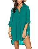 UNibelle Strandkleid Damen Bikini Cover Up Tunika Bluse Strandkleid Damen Shirt Strandponcho Sommer Cuffed Sleeve Shirts Tops, Darkcyan, L