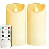OSHINE 2 Stück Kunststoff Flammenlose Kerzen D7.6 xH15cm Flackernde LED - Säule Kerzen Batterie betriebene Led Kerzen mit Fernbedienung und Timer für Camping Decoration Elfenbein Party