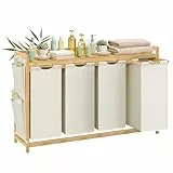 SONGMICS Wäschekorb 4 Fächer, Bambus, Wäschesammler 200 L, Wäschesortierer, mit Ablage, Wäschesack, kleine seitliche Taschen, Wäscheregal, 4 x 50 L, 124,6 x 33 x 78 cm, cremeweiß RLH120W01