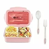 Relota brotdose mit 3 fächern und Löffel Gabel 1400 ml, lunchbox Auslaufsicher BPA-frei, bento box für Mikrowellengeeignet, brotbüchse frühstücksbox zum Erwachsene Kinder Schule Arbeit, rosa