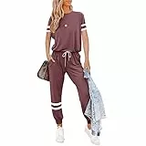 Litthing Damen Trainingsanzug Jogginganzug 2 Stücke Set Kurzarm Top/Hose Freizeitkleidung Sportswear für Running Yoga Gym (Rotwein, XL)
