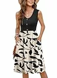 MOLERANI Damen Sommerkleider Ärmellos Lässig Locker Swing T-Shirt Button-Down Midikleid mit Taschen Aprikose Schwarzblatt S