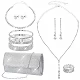 Telooco 9 Stück Silber Strass Schmucksets für Damen Brautschmuck Set Hochzeit Geldbörse Halskette Ohrringe Armband Ring und Unterarmtasche Schmuckset für Damen Abschlussball Hochzeit Party