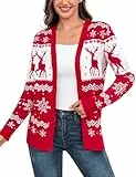 Aottori Strickjacke Damen Weihnachts V Ausschnitt Weihnachten Cardigan Langarm mit Knöpfen Weihnachtspulli Jacke mit Schneeflocke und Rentier Muster Rot XXL