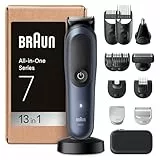 Braun All-in-One Series 7, 13-in-1 Multigroomer, Haarschneidemaschine für Gesicht, Kopf und Körper, Barttrimmer, Nasenhaartrimmer, 120 Min Akku, 14 Längen (3–21 mm), Wasserdicht, AIO7565, Blau