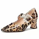 NobleOnly Mary Jane Schuhe Damen Chunky Blockabsatz Absatz Heel Knöchelriemen Dress Geschlossene Eckige Zehenkappe Pumps Diamant Schnalle 7 cm Heels Braun Leopard 38 EU