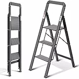 KINGRACK Leiter Aluminium, Trittleiter 3 Stufen klappbar, Leiter 3 Stufen mit Handlauf Belastbar bis 150 kg, rutschfeste Haushaltsleiter mit Klappsicherung, Aluleiter für Zuhause, Büro,Garten,Schwarz