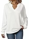 Tankaneo Sweatshirt Damen V Ausschnitt Pullover Leicht Elegant Langarmshirts Casual Baumwoll Oberteil Sexy Locker Pulli Basic Top Einfarbig Weiß M