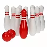 BS Toys Holz-Bowling - Kegelspiel für Kinder & Erwachsene - Für Indoor & Outdoor - Ab 4 Jahren - Gesellschaftsspiele - ideal für Kindergeburtstag - Hochwertiges Holz - Rot/Weißes Set