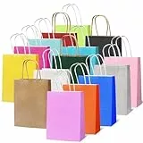 rokrist Bunte Geschenktüten mit Henkel 15 Stück Papiertüten Bunt, Bunte Kraftpapier Partytüten, für Weihnachten Partys, Hochzeiten, Geburtstag, Feiern, Süßigkeiten, DIY (21x15x8cm)