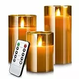 LED Flackernde Flamme Kerzen, Led Outdoor Kerzen mit Fernbedienung und Timer, Bewegliche Elektrische Echtwachskerzen im Glas,Teelichter kerzen 3er-Set für Xmas,Wohnzimmer Home Deko(4/5/6 inch,Gelb)