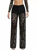 SweatyRocks Luftige Sommerhose Damen Lang Spitzenhosen Sexy Transparente Hose Mit Spitze Rave Outfit Techno Hose Partyhosen Schwarz L