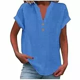 KOG Damen Tshirts Casual Baumwolle Leinen Tee Shirt Retro Kurzarm Shirts Tshirt Große Größen Leinen Bluse Frauen Rundhals Oversize T-Shirt Blau L