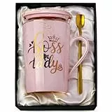 Doublewhale Boss Lady Geschenke, Beste Chef Geschenke für Frauen, Geburtstagsgeschenke für Chef Dame - 414ml Rosa Marmor Keramik Kaffeetasse - Freundin Geschenke, Schwester Geschenk