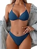 GORGLITTER Bikini Damen Set Mit Ketten Neckholder Bikini Set Triangel Bikini Sexy Zweiteiliger Badeanzug Mit Perlen Bademode Königsblau M
