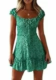 Cicy Bell Damen Sexy Blumendruck Mini Kleid Smocked Rüsche Boho Kleider Tie Front Sommerkleid Grün M