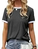 Fisoew Damen T Shirt Kurzarm Farbe Block Rundhals Basic Sommer Top(Dunkelgrau,L)