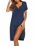 Ekouaer Nachthemd Damen Kurzarm Schlafshirt Sommer Sleepshirt Kurz Nachtwäsche Knopfleiste Navyblau M