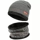 Bequemer Laden 2 Stücke Winter Beanie Mütze Schal Set Wolle Warme Strickmütze Dicke Fleecefutter Wintermütze & Schal für Herren und Damen, 1-Grau, Einheitsgröße