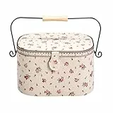 Prym 612141 Nähkorb Country Rose mit Griff, Leinen/Metall/Holz, elfenbeinfarben, L