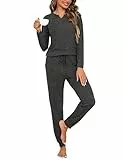 Bresdk Schlafanzug Damen Lang Zweiteiliger Nachtwäsche V-Ausschnitt Sleepwear mit Taschen und Elastischer Bund Schwarz L