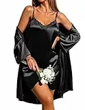 Ekouaer Damen Morgenmantel Satin Ärmellos Sleepshirt und Nachtmantel Zweiteiliger Sleepwear Bademantel Set Schwarz L
