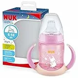 NUK First Choice Trinklernbecher Night | 6–18 Monate | 150 ml | Leuchtet im Dunkeln | Mit Griffen & orthodontischem Silikonsauger | Auslaufsicher | Anti-Kolik | BPA-frei | Pink