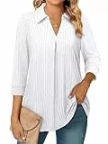 Amrto Bluse Damen Elegant 3/4-Ärmel V Ausschnitt A-Linie Longbluse Longshirt mit Revers Kragen, Casual Elegant Lose Sommer Damenbluse Oberteil für Büro Business, Weiß M