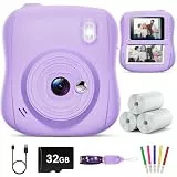 Hangrui Kinderkamera Sofortbildkamera, 14MP Sofortbildkamera Kinder mit 32G Karte & Druckpapier, 1080P Kamera Kinder Sofortdruck mit Farbige Stifte, Geschenk für 3-12 Jungen und Mädchen-Lila
