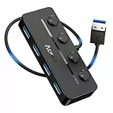 Aceele USB HUB 3.0, 4-Port USB 3.0 Hub mit Unabhängigem Netzschalter, mit 5V/3A Stromanschluss, Hub mit Mehreren USB-Anschlüssen, 19 cm Kabellänge