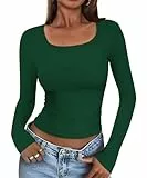 Cuptacc Langarmshirt Damen Eng Crop Quadratischer Kragen Tops Für Damen Y2K Dehnbar Leichte Basic Longsleeve Absorbierend Yoga Oberteil Dunkelgrün M