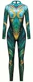 Ocean Plus Damen Slim Fit Maschinenrüstung Halloween Jumpsuit Bodysuit mit Skelett Digitaldruck Schmaler Langarm Overall (S, Pfauen blau und grün)