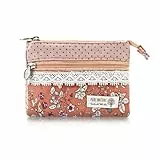 AfitLulu Kleines Portemonnaie Damen Canvas Geldbeutel Damen Klein, 2 Lagen Reißverschlusstaschen Mini Geldbörse Bohème-Stil Mini Portemonnaie für Münzen, Bargeld und Karten (Blume-Rosa)
