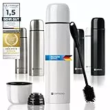 Edelstahl Thermosflasche mit Becher & Bürste; Thermoskanne Doppelwandige Isolierkanne; Auslaufsicher, Spülmaschinenfest & BPA-frei + Reinigungsbürste; hält Getränke heiß & kalt (Weiß - 500 ml)