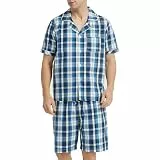 Vulcanodon Schlafanzug Herren kurz 100% Baumwolle Sommer Shorty Pyjama kariert mit Knopfleiste weiche Nachtwäsche (Königsblau, L)