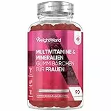 Multivitamin Gummies für Frauen - Mit Omega 6, 9, Zink, Calcium, Vitamin C, Hyaluron, CoQ 10, B12, Biotin - 90 vegane Gummibärchen - Erdbeer & Himbeergeschmack - Multivitamin Komplex - WeightWorld