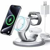 EXW 3 in 1 Mag-Safe Ladestation Kompatibel mit iPhone 16 15 14 13 12 Serie,Apple Watch 8/7/6/5/4/3/2/SE und AirPods 3/2/Pro((Mit 18W Stecker) (Silber)