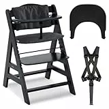 hauck Hochstuhl Alpha+ mit Tablett Click Tray und Sitzpolster - Mitwachsender Babystuhl aus Holz, Kinderhochstuhl ab 6 Monate, verstellbar - Schwarz