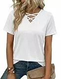 Totatuit Tshirt Damen Sommer Basic Shirt Oberteile Damen V-Ausschnitt Kurzarm Einfarbig Casual Top Weiß L