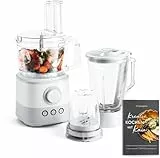 SPRINGLANE Food Processor 1000 W, 1,5 L Glasbehälter, inkl. 4 Schneidescheiben, Messereinsatz, Knethaken, 150 ml Mini-Zerkleinerer, Rezeptheft - Weiß