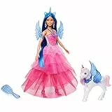 Barbie Ein verborgener Zauber - Puppe mit Einhorn, pinkfarbenes Kleid mit Saphirblauen Details, Einhorn-Stirnband, abnehmbare Saphirflügel und Schwanz, für Kinder ab 3 Jahren, HRR16