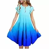 XINYUNZU Kleider für Mädchen Sommer Kleid mit Taschen Rüschenärmel Farbverlauf Sommerkleid Knielang Mädchenkleider Freizeitkleid für Kinder und Teenager Blau 10 Jahre