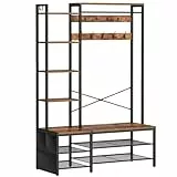 HOOBRO Garderobenständer, Garderobe mit Schuhregal und Sitzbank, 9 Doppelhaken, 2 Seitenhaken, 5 Ablagen und Seitentasche, für Flur, Schlafzimmer, Wohnzimmer, Schwarz und Vintagebraun EBF42MT01