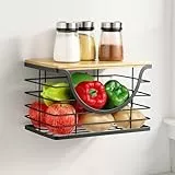 OETAMS Obstkorb Etagere mit Holzdeckel, Stapelbar Obst Aufbewahrung Hängend Küchenregal Ohne Bohren Gemüsekorb, Selbstklebend Obstkorb Wand Müllbeutelhalter