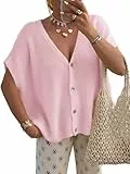 Saodimallsu Strickjacke Damen Kurzarm V-Ausschnitt Cardigan Oversized Fledermausärmel Sommer Strickweste Einfarbig Leicht Knopfleiste Sweater Top Rosa L
