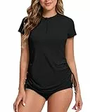 UV Shirt Damen Wasser 1/4 Reißverschluss Schwimmshirt Rashguard Damen Badeshirt Kurzarm Schwimm Tshirt Verstellbarer Saum UPF 50+ Schwarz L